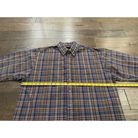 Vintage Bon Homme Mens Brown Blue Plaid Button Up Short Sleeve Shirt Size L - Picture 8 of 8